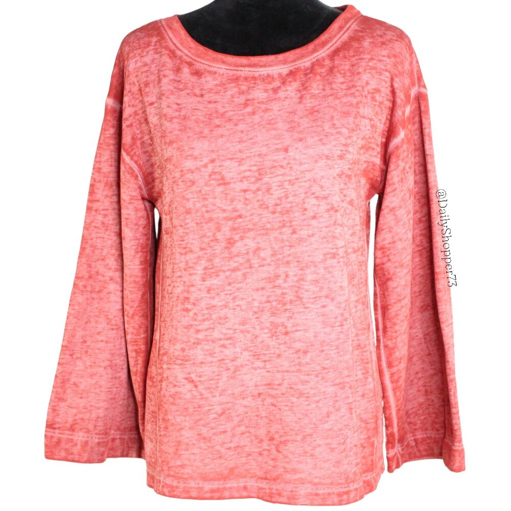 Treasure & Bond Women's Distressed Brick Red Long Sleeve Tee Oversized Shirt